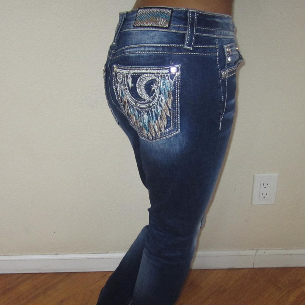 Miss Me Dark Blue Boot Cut Jeans with Embellished Pockets